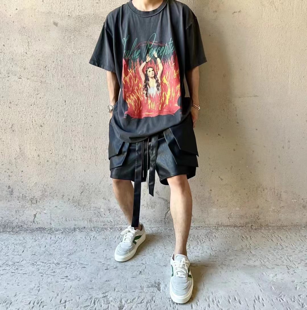 2023 VINTAGE反穿高街复古破坏砂石重水洗燃烧火焰宽松短袖T恤