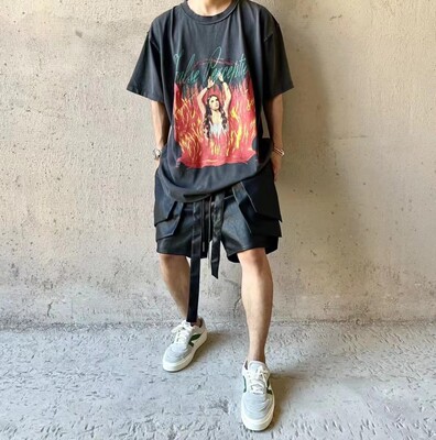 2023 VINTAGE反穿高街复古破坏砂石重水洗燃烧火焰宽松短袖T恤