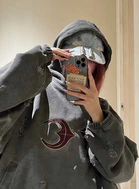 想到你Thug Club社长朴宰范同款脏洗水洗破坏帽衫vibe带帽衫卫衣