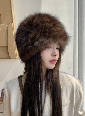 简约紫貂毛编织皮草帽子 弹力包头护耳女帽 双面真毛水貂毛帽子冬