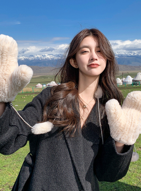 大姐姐同款可爱獭兔毛挂脖连指保暖皮草手套女士冬天加厚真毛手套