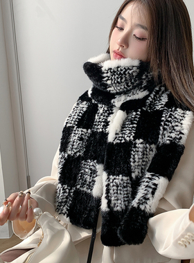 韩版水貂毛围巾进口丹麦水貂黑白格子时髦皮草编织围脖围巾披肩新