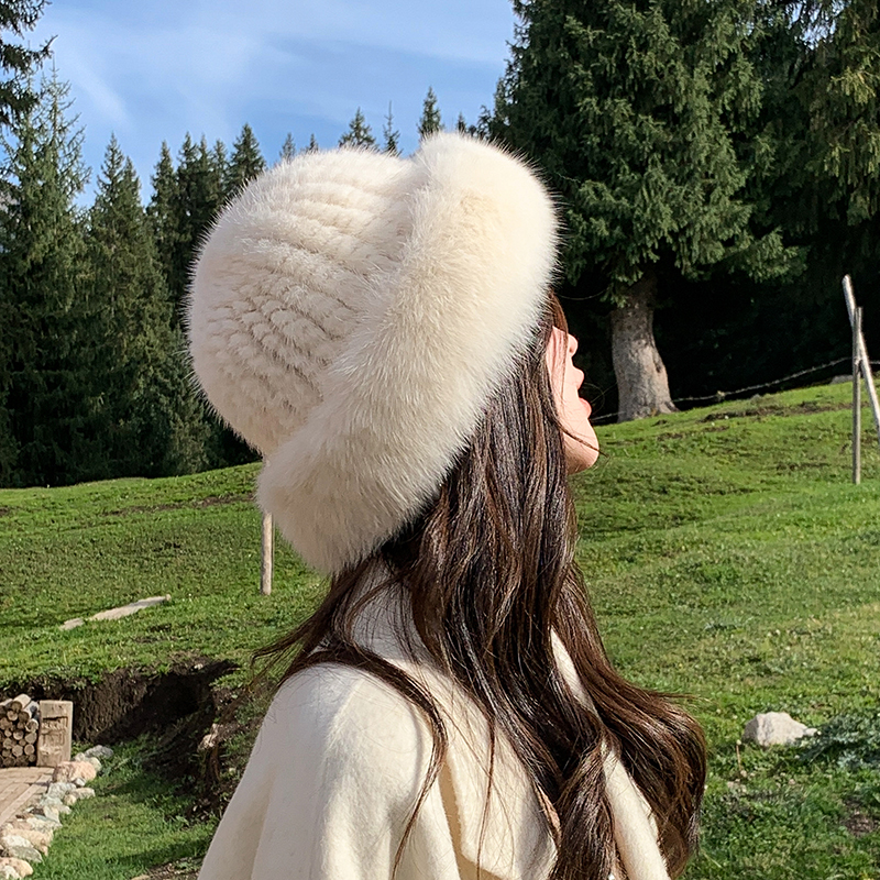 皮草帽子渔夫帽冬韩版女士冬季新款水貂毛编织配狐狸毛边保暖潮搭