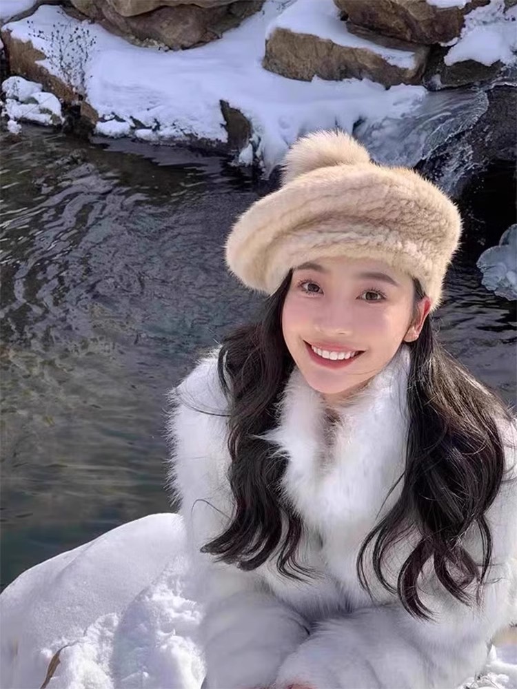 水貂贝雷帽女士秋冬休闲百搭狐狸毛球球时尚编织皮草帽子蓓蕾帽