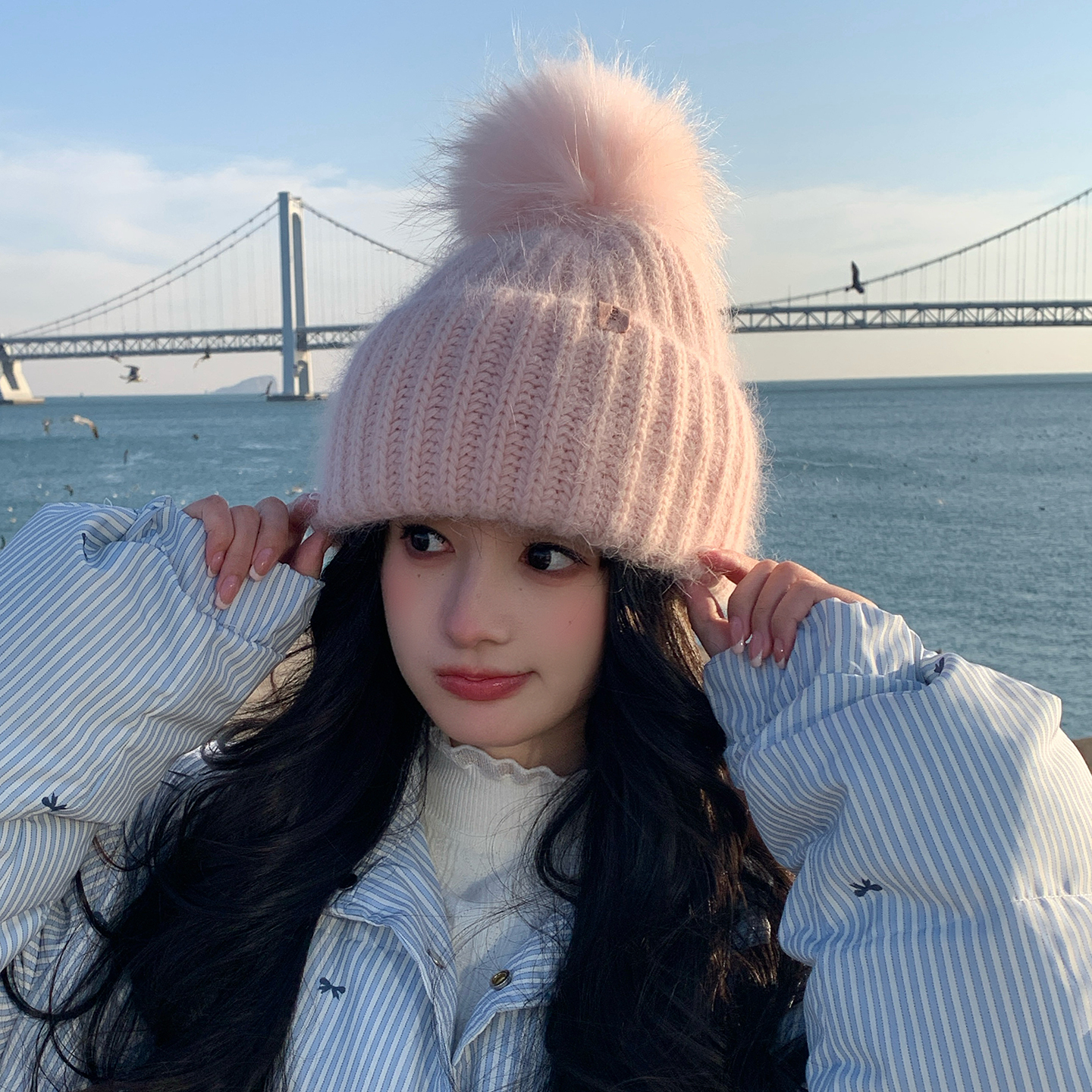 明星同款羊毛针织帽貉子毛大球