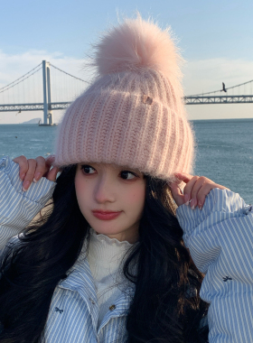 花少同款羊毛针织女秋冬时尚皮草帽子貉子毛大球护耳保暖毛线帽