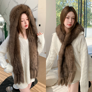 高级感狐狸毛皮草围巾帽子一体仿紫貂色加厚保暖护耳雪风帽网红款