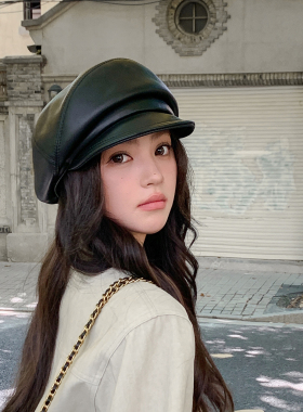 定制款黑色画家帽子女秋冬气质百搭小羊皮贝雷帽平顶报童帽马术帽