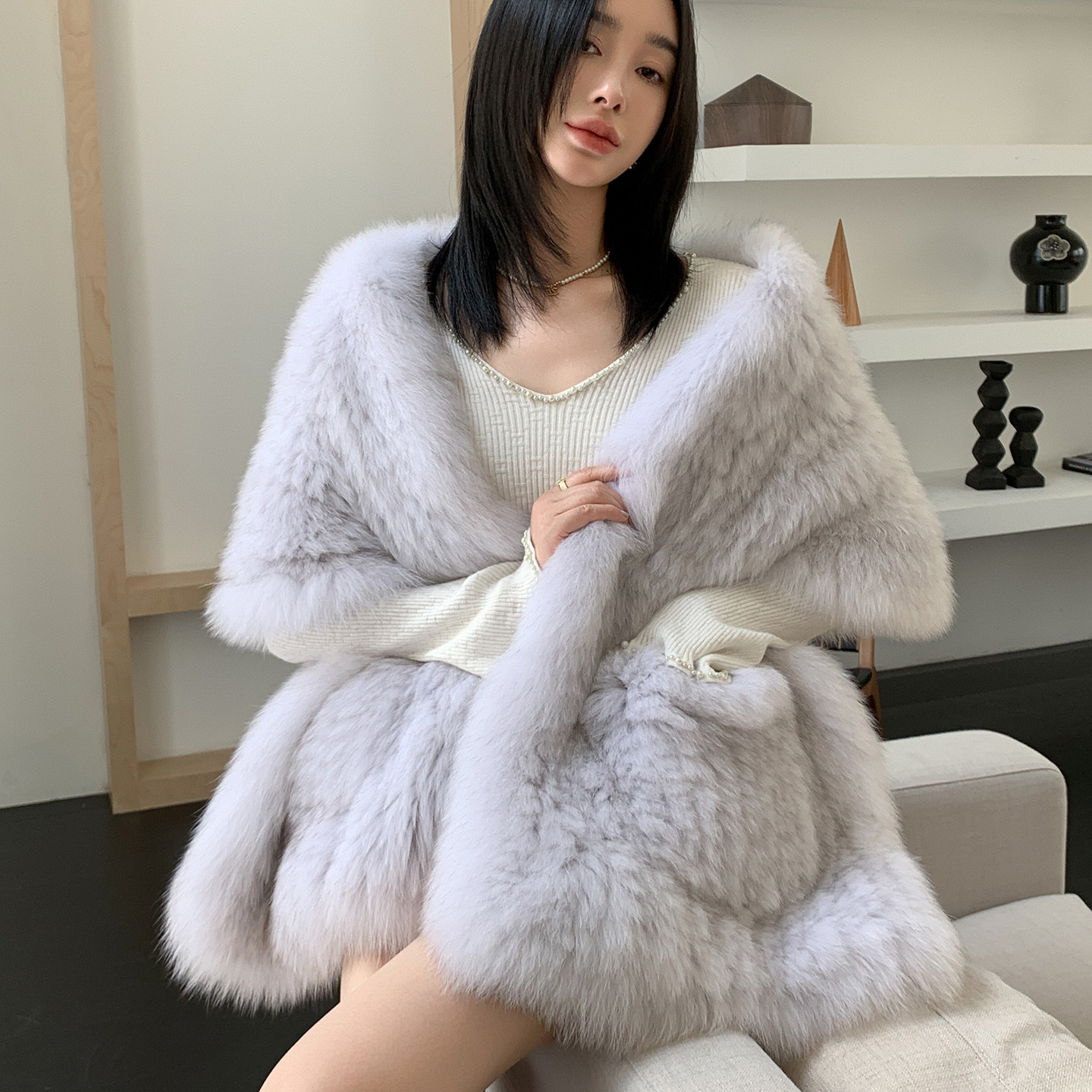 大气款双面狐狸毛皮草披肩女冬季保暖真毛加大围脖晚宴毛毛大围巾