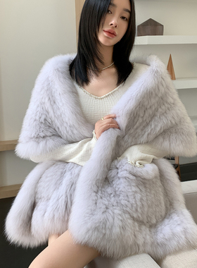 大气款双面狐狸毛皮草披肩女冬季保暖真毛加大围脖晚宴毛毛大围巾