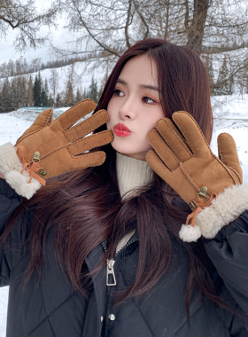 治愈系*澳洲进口手工缝制羊皮毛一体手套女士真皮保暖加厚手套