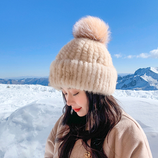 女士冬季皮草帽子水貂毛编织弹力甜美女帽银狐貉子毛球针织贝雷帽