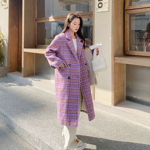 紫色格纹长款毛呢大衣女冬季2025新款爆款高级感加厚减龄呢外套潮图片