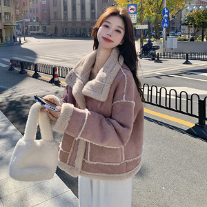 粉色中长款羊羔毛外套女2024冬季新款韩系甜美减龄加厚麂皮绒棉服图片