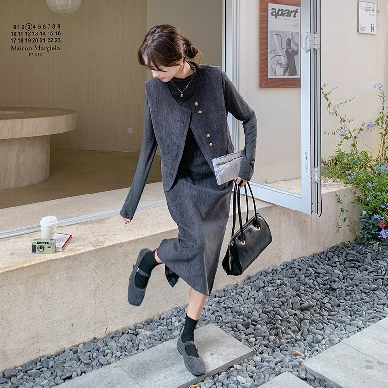 休闲灰色马甲阔腿裤套装女春秋老钱风三件套ootd穿搭大方得体减龄图片