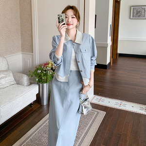 蓝色复古磨毛牛仔套装裙女2025春季新款休闲外套阔腿裤显瘦两件套图片