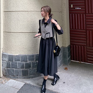 法式格子衬衫连衣裙两件套女2022早秋新款高级感休闲时尚马甲套装图片
