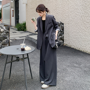 灰色上班通勤穿搭西装套装女2025新款初春高级感西服阔腿裤两件套图片