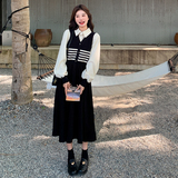 法式黑色假两件长袖连衣裙女2025春季新款设计感高腰显瘦A字长裙，女装连衣裙，惟卡贝娜