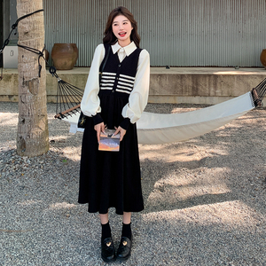 法式黑色假两件长袖连衣裙女2025春季新款设计感高腰显瘦A字长裙