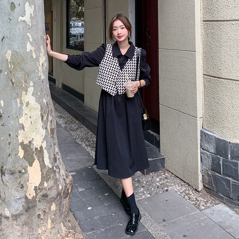 法式格子衬衫连衣裙两件套女2022早秋新款高级感休闲时尚马甲套装,女装套装/套裙,惟卡贝娜