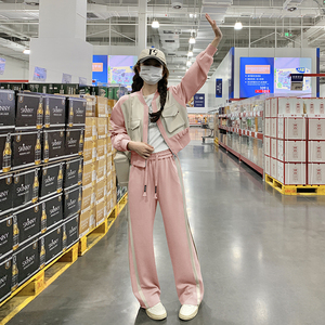 浅咖色休闲运动套装2025年秋季新款慵懒风棒球服外套阔腿裤两件套图片