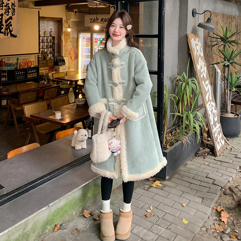 超好看中长款皮毛一体大衣女2024冬季新款韩系小清新加厚保暖棉服,女装毛呢外套,惟卡贝娜