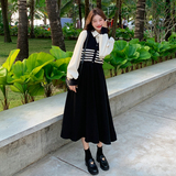 法式黑色假两件长袖连衣裙女2025春季新款设计感高腰显瘦A字长裙，女装连衣裙，惟卡贝娜