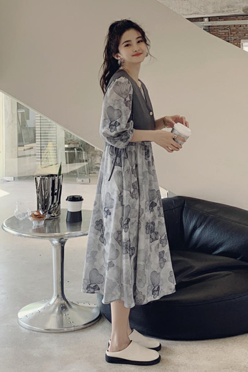 韩系泡泡袖碎花连衣裙女夏2025新款小众设计气质马甲长裙,女装连衣裙,惟卡贝娜