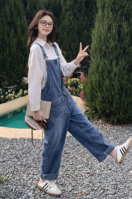 蓝色休闲牛仔背带裤套装女2025春季新款学院风洋气减龄工装连体裤,女装休闲裤,惟卡贝娜