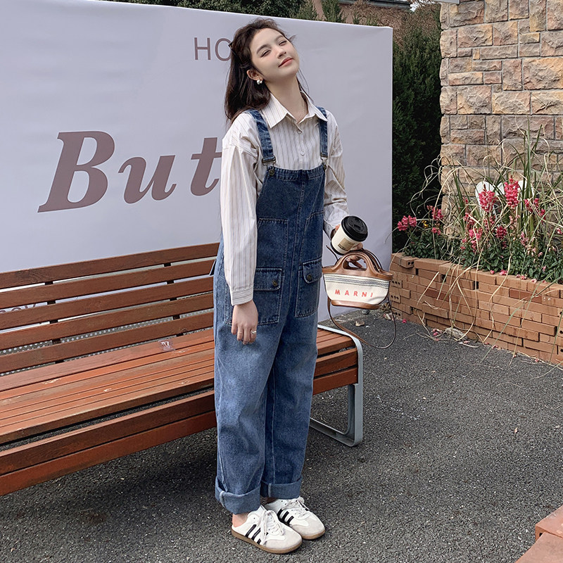 蓝色休闲牛仔背带裤套装女2025春季新款学院风洋气减龄工装连体裤,女装休闲裤,惟卡贝娜