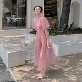 独特立体感压褶泡泡袖法式温柔风连衣裙女夏2025新款绝美长裙及踝，女装连衣裙，惟卡贝娜