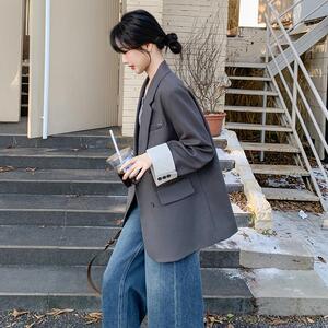 高级感双排扣西装外套女2025春季新款韩版气质通勤灰色休闲小西服图片