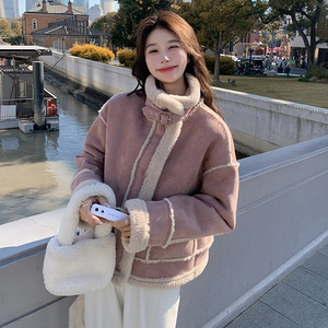 粉色中长款羊羔毛外套女2024冬季新款韩系甜美减龄加厚麂皮绒棉服图片