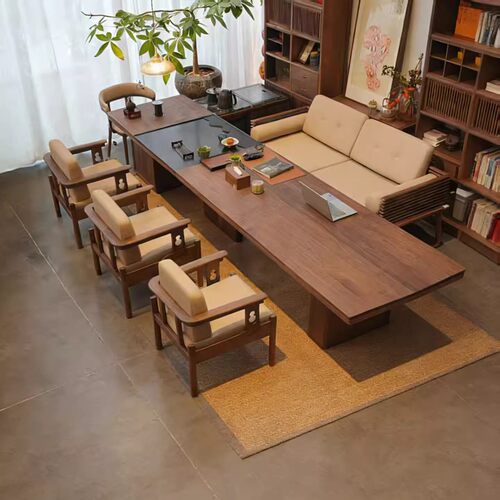 新中式家用茶台轻奢 现代高级黑胡桃木实木办公室设计师茶桌