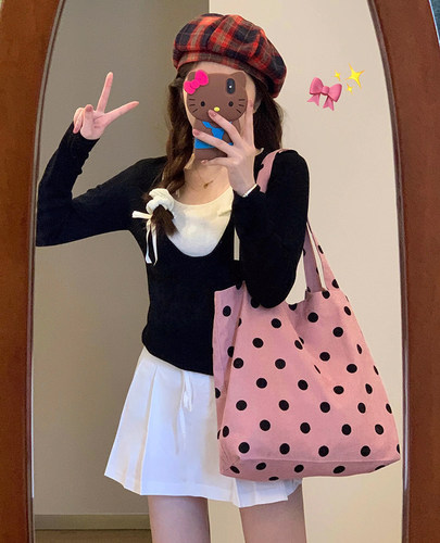 帆布包粉色包波点大容量有拉链