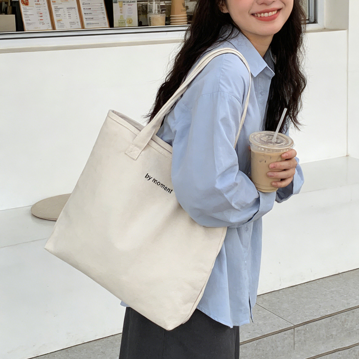 韩风大容量托特包女加厚帆布拉链单肩手提通勤定制瑜伽通勤包袋男