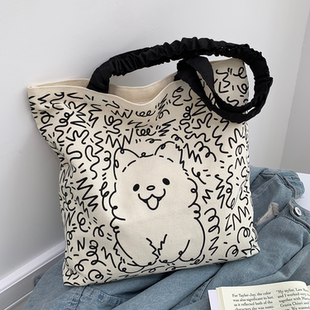可爱猫咪狗狗拉链帆布包女单肩文艺小清新卡通大容量学生手提布袋
