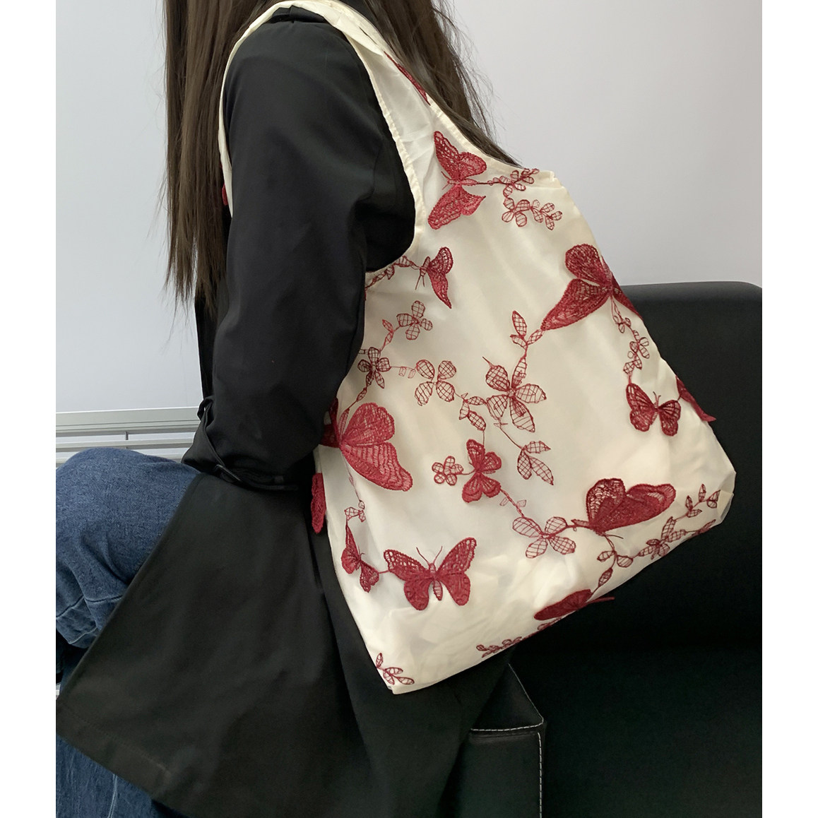 蝴蝶刺绣蕾丝少女帆布包包