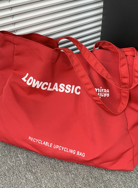 ins小众质感红色大容量松弛感春夏轻便尼龙帆布包男女托特手提袋