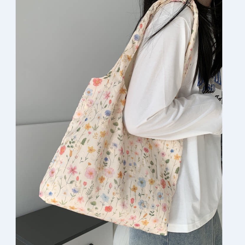 韩版ins田园小碎花帆布包女小清新大容量通勤托特包手提单肩布袋