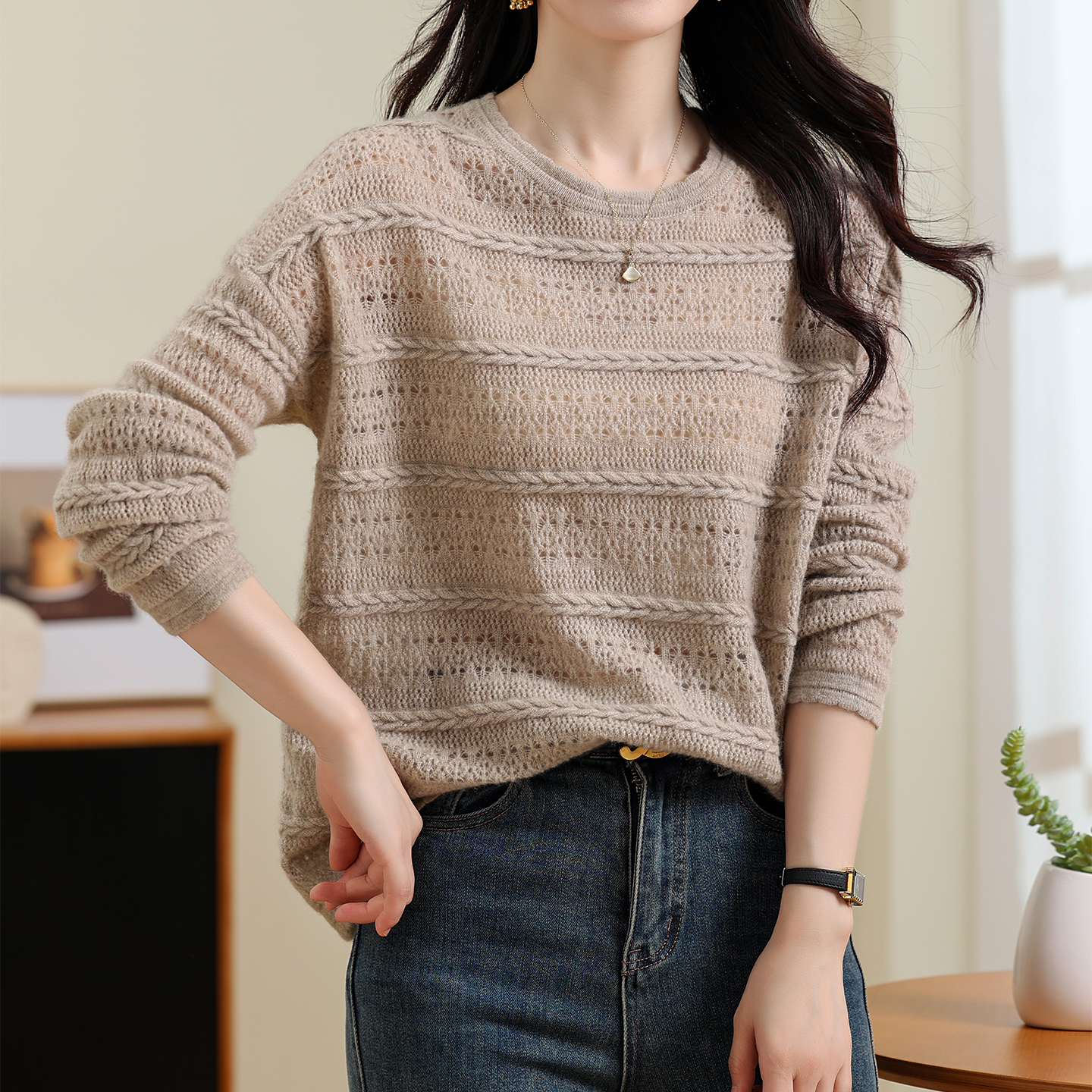 100%纯山羊绒女士针织衫宽松休闲