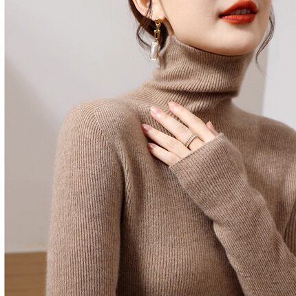 修身小堆领100%纯山羊绒衫无缝弹力迪瑞羊女高领毛衣紧身抽条多色