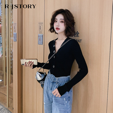 毛衣外套长袖 新款 初秋修身 薄款 黑色v领针织衫 上衣 女开衫 2019秋季
