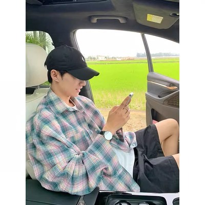 韩系风格穿搭格子褶皱衬衫长袖