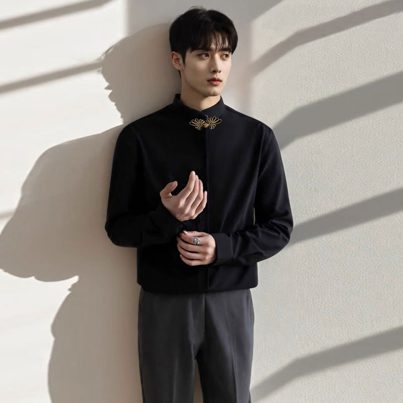 黑色衬衫男款穿搭长袖金扣休闲潮