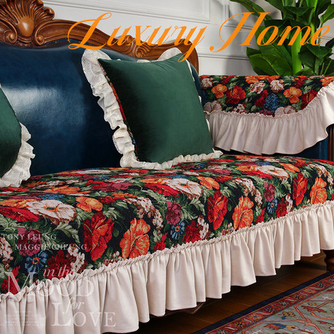 美式繁花沙发垫高端布艺复古油画盖巾套带花边扶手四季通用可拆洗