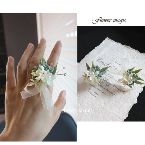 绿色小清新森系仿真花新郎新娘手工戒指花结婚礼物礼对戒礼盒装