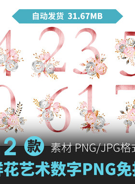 粉色花卉阿拉伯数字图案形元旦倒计时周年数字体设计PNG免扣素材