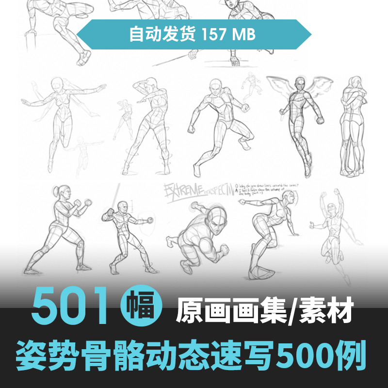 姿势动态速写 500例人体结构骨骼提炼线稿临摹绘画参考素材